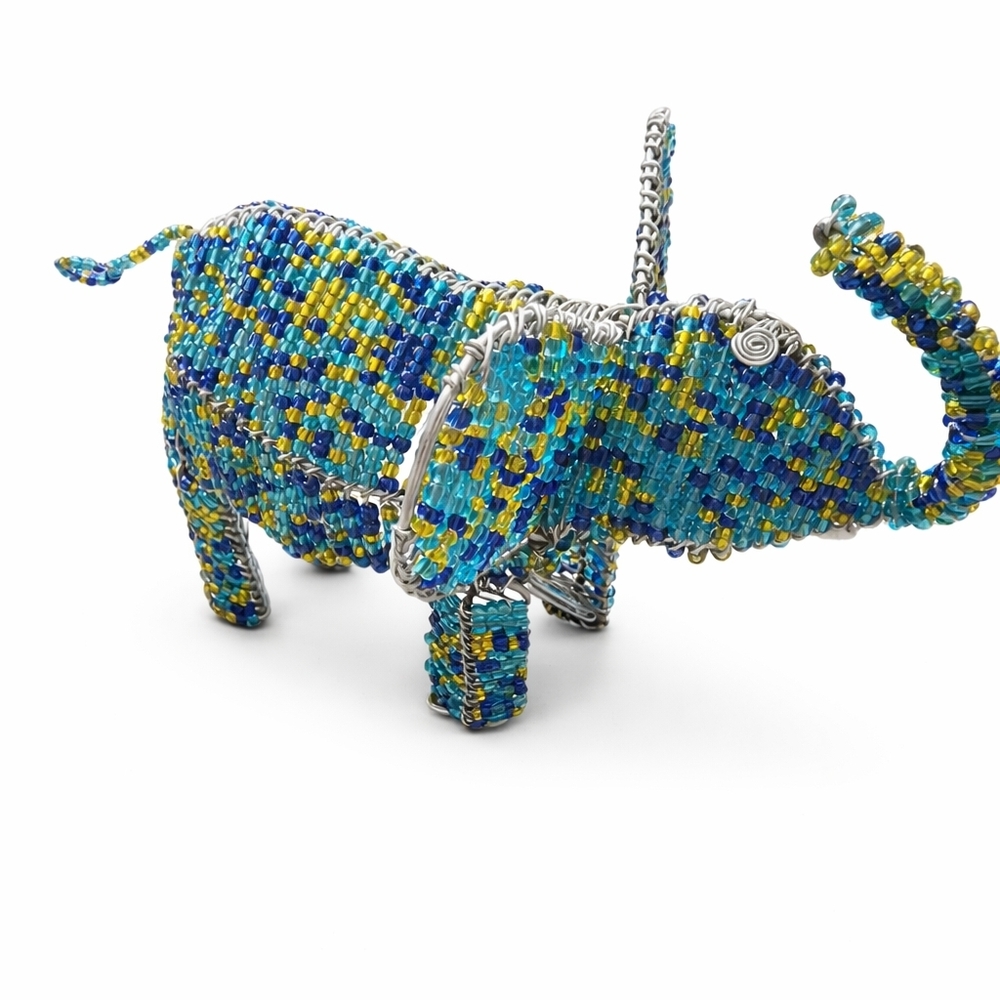Handmade Beaded Elephant Figurine Wire Sculpture Glass Seed Bead Safari Décor OO